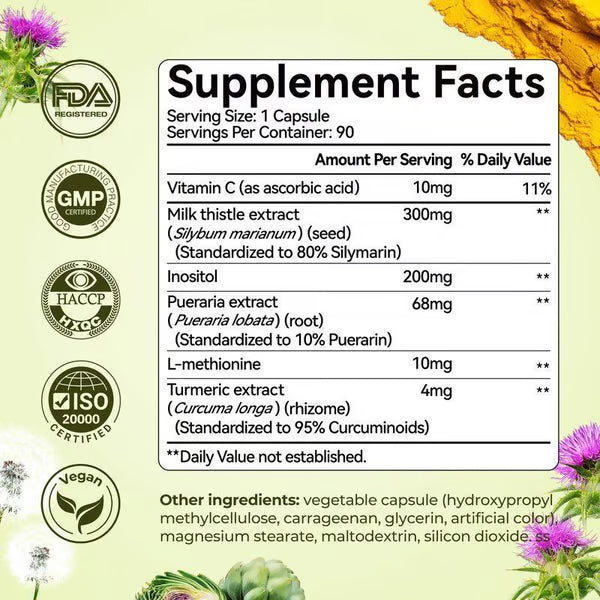 Milk Thistle Liver Detox & Colon Cleanse, Natural Liver Health Support with Kudzu Root, Turmeric, Inositol, Methionine,Vitamin C,90 Capsules silymarin