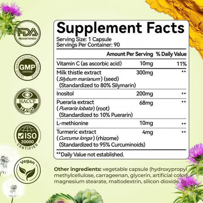 Milk Thistle Liver Detox & Colon Cleanse, Natural Liver Health Support with Kudzu Root, Turmeric, Inositol, Methionine,Vitamin C,90 Capsules silymarin